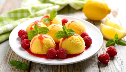 Lemon sorbet scoops with raspberries