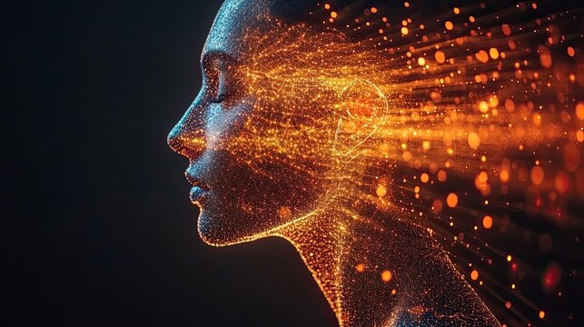 Digital consciousness: A conceptual portrait of a woman composed of light particles