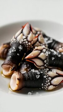 Freshly cooked gooseneck barnacles, a gourmet seafood delicacy. Percebes served with coarse sea salt in a white bowl.