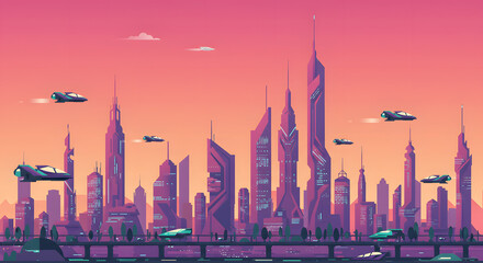 Futuristic Cityscape with Flying Vehicles at Sunset, Purple Skyline Illustration