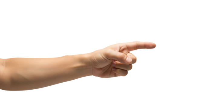 Transparent PNG Hand Pointing Right,  A Realistic Close-up of a Fair-Skinned Hand with Fingers Extended, Pointing Rightward on a Transparent Background - Ideal for Direction, Guidance, or Indication D