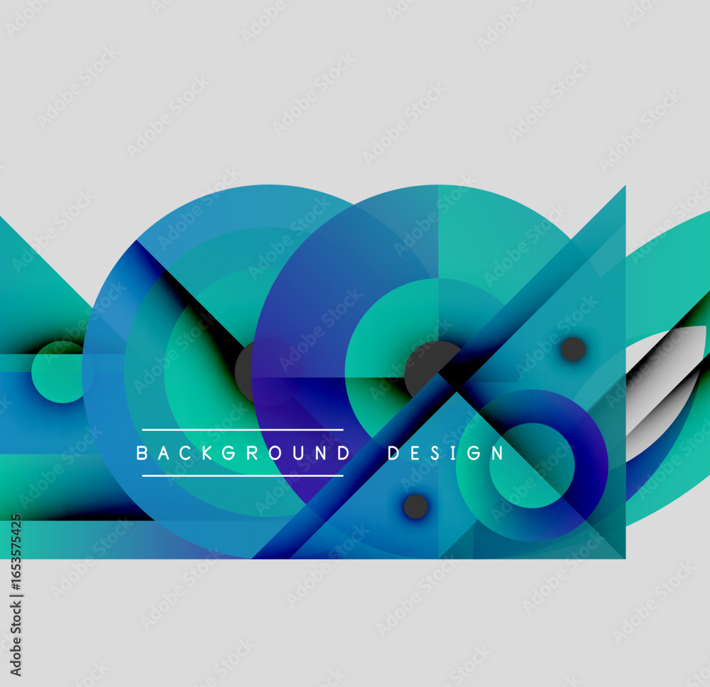 Poster abstract blue design features overlapping circles, triangles, lines. modern composition creates dyna