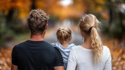 Family embraces the beauty of autumn with a scenic walk through a leaf strewn park landscape