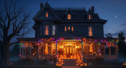 Fototapeta premium Ultra-realistic Halloween porch decorated with glowing jack-o’-lanterns, spider webs, and lanterns at dusk, creating a spooky autumn atmosphere with fog and candlelight