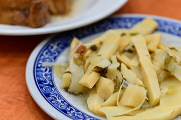 Traditional dried bamboo shoots, preserved food common in Taiwanese and Hakka cuisine. Fermented and sun-dried bamboo prepared as flavorful side dish.