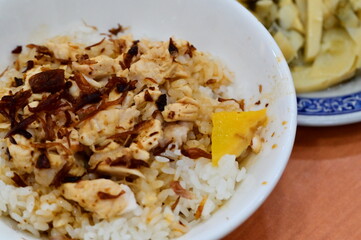 Famous Chiayi turkey rice bowl with shredded turkey meat, special sauce and fried shallots. Iconic Taiwanese street food and local specialty from Chiayi.