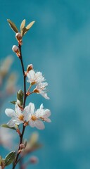 Delicate white cherry blossoms bloom on a branch with soft blue background