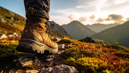 Hiking Adventure: A close-up view of a sturdy hiking boot making its way across a scenic mountain trail, with rolling hills and radiant sun setting behind the scene.