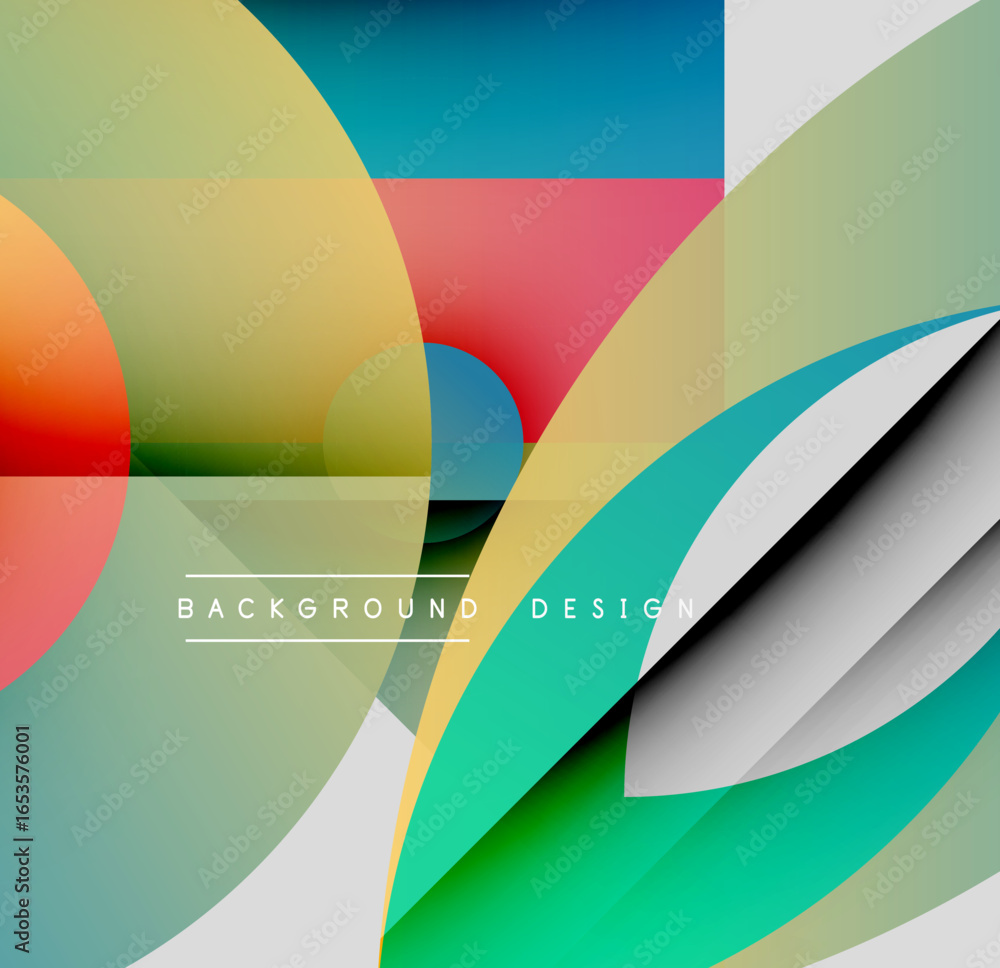 Poster abstract geometric shapes overlap, creating vibrant color gradients. modern design features smooth t