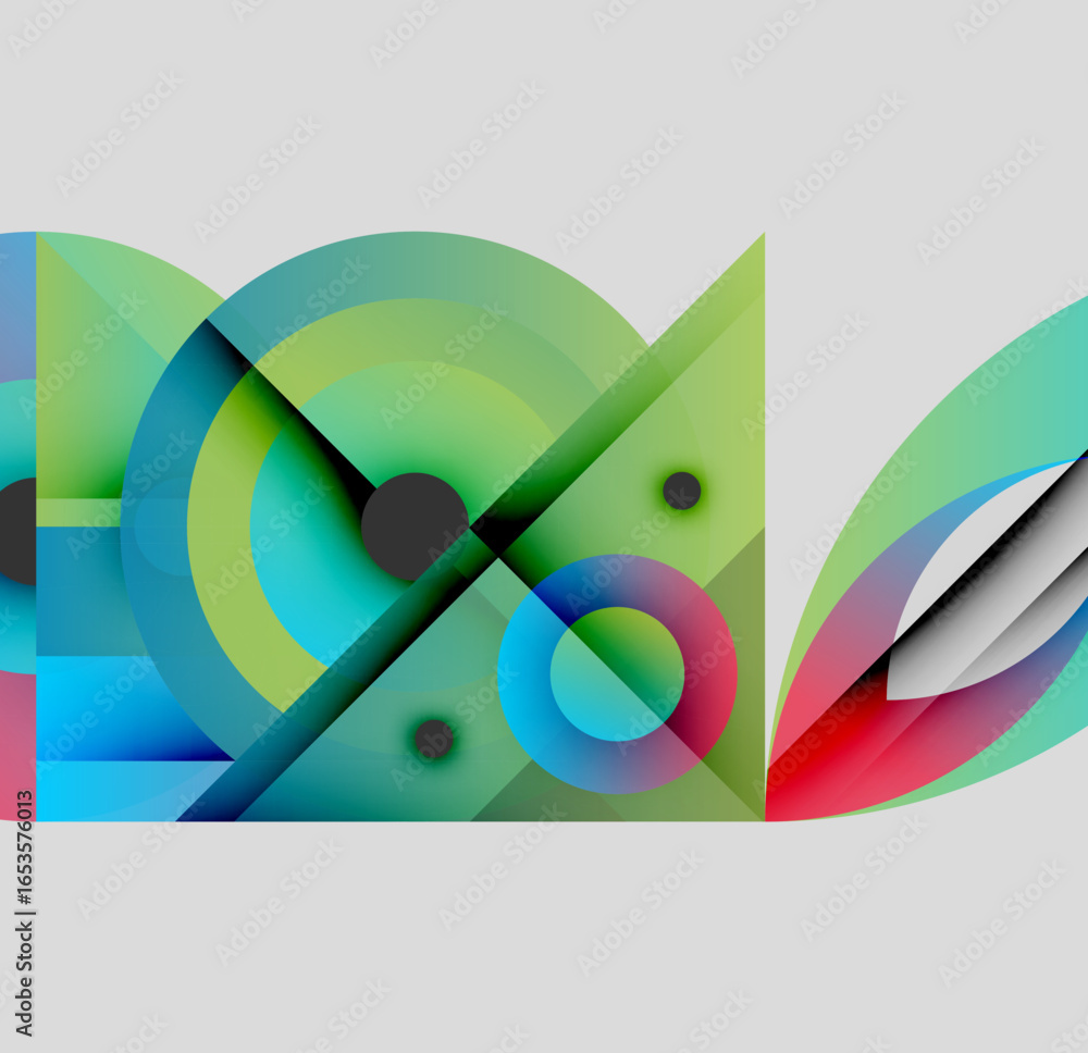 Poster abstract geometric composition. overlapping circles, triangles create vibrant visual effect. modern 