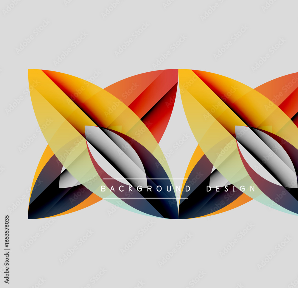 Poster abstract geometric shapes overlap, creating vibrant color gradients. design features flowing lines, 
