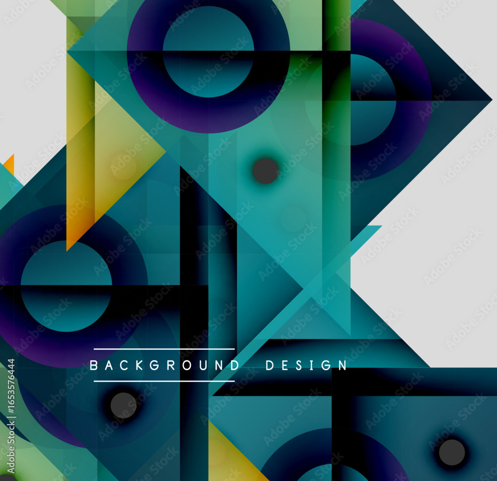 Poster abstract geometric shapes overlap, creating vibrant gradients. modern design utilizes circles, trian
