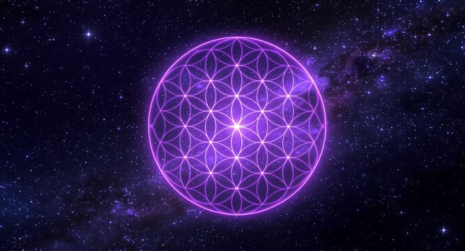 Flower of Life Sacred Geometry Art Purple Cosmic Nebula Background, Spiritual Energy Wallpaper