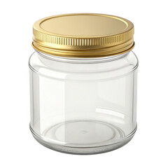Empty clear glass jar with gold metal lid isolated on transparent background