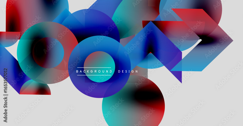 Poster abstract colorful shapes overlap, creating dynamic visual effect. blue, red hues dominate light gray
