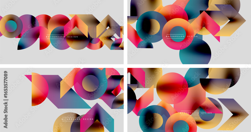Poster abstract colorful shapes overlap creating dynamic backgrounds. vivid gradients, geometric forms, mod