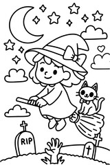 Witch flying on broom with cat coloring page