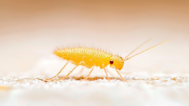 Tiny bright yellow insect with long antennae on a textured surface