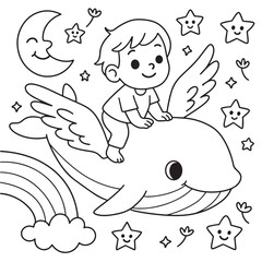 Boy riding a winged whale coloring page