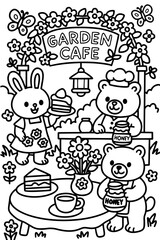 Cute bear cafe with bunny and cake coloring page