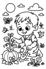 Cute boy harvesting pumpkin coloring page