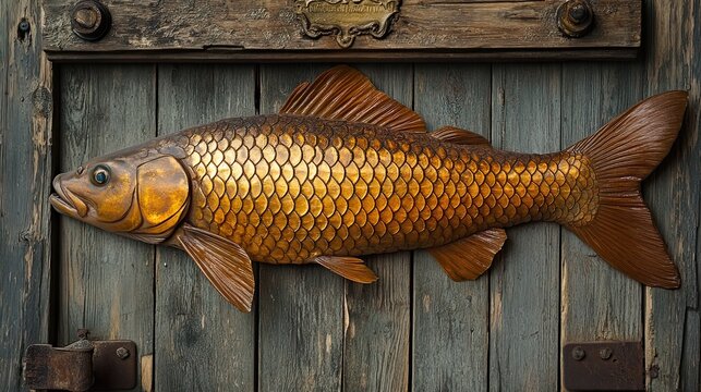 Handcrafted wooden fish sculpture adorning a rustic wooden door with weathered texture