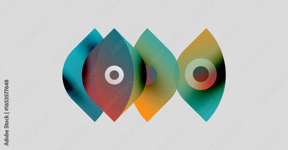 Poster abstract design features overlapping colorful shapes. circles within forms create focal points, sugg