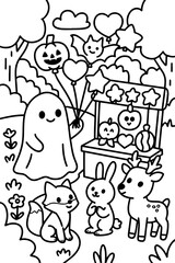 Cute Halloween Scene with Ghost and Animals Coloring Page