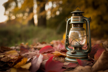 Vintage Lantern Surrounded by Fallen Autumn Leaves