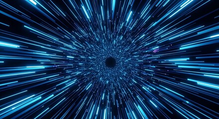 Obraz premium Dynamic blue light streaks radiating from a central vanishing point conveying speed