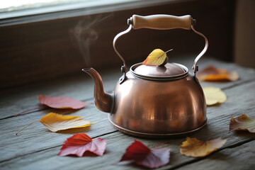 Steaming Copper Kettle with Autumn Leaves on Wooden Surface