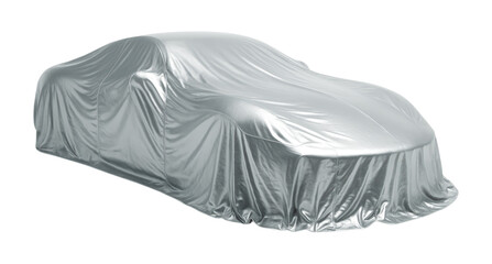A new sports car model is hidden under a sleek, reflective silver cover before its grand unveiling presentation. Isolated on Transparent Background, PNG