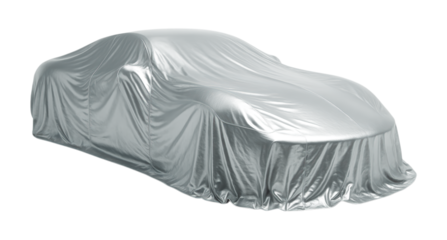 A new sports car model is hidden under a sleek, reflective silver cover before its grand unveiling presentation. Isolated on Transparent Background, PNG