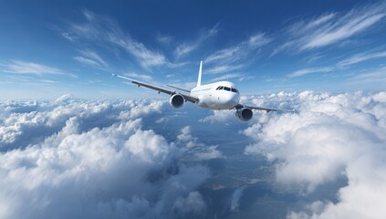 Fototapeta premium Commercial airplane flying high above fluffy white clouds in a blue sky