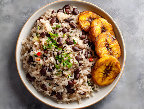 Overhead shot of moros y cristianos, a traditional cuban dish of rice and black beans with plantain