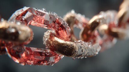 A close-up of a broken chain with a red gemstone at its center, set against a dark background with a hint of sunlight.