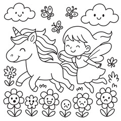 Fairy Riding Unicorn Coloring Page