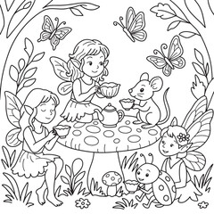 Fairy tea party coloring page