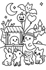Halloween Friends Gathering Coloring Page