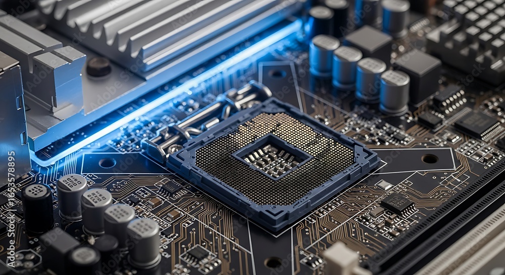 Poster high detail close-up of a computer motherboard showcasing its central processing unit