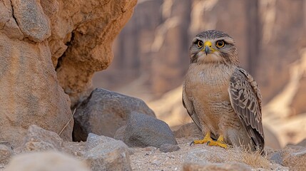 Majestic sooty falcon resting amongst the rocks in a rocky desert landscape scene
