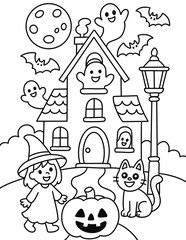 Halloween witch, cat, and haunted house coloring page