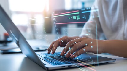 Close-up of hands typing on a laptop with digital data visualizations computer keyboard