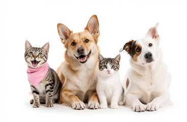 Obraz premium Group of Pets: Two Cats and Two Dogs Sitting Together