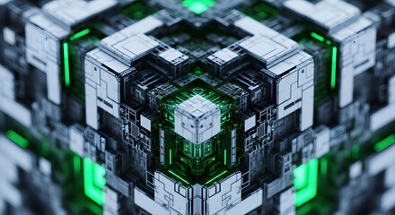 Intricate Geometric Structure With Glowing Green Lights abstract cube