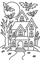 Haunted House and Bats Coloring Page