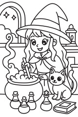 Little Witch Brewing Potion Coloring Page