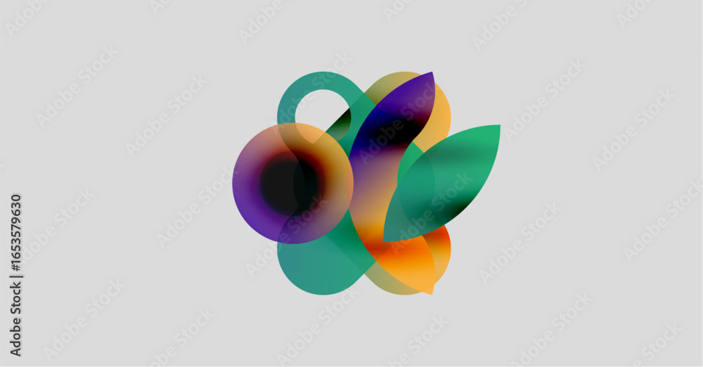 Poster abstract colorful shapes overlap, creating dynamic visual composition. soft gradients suggest fluidi