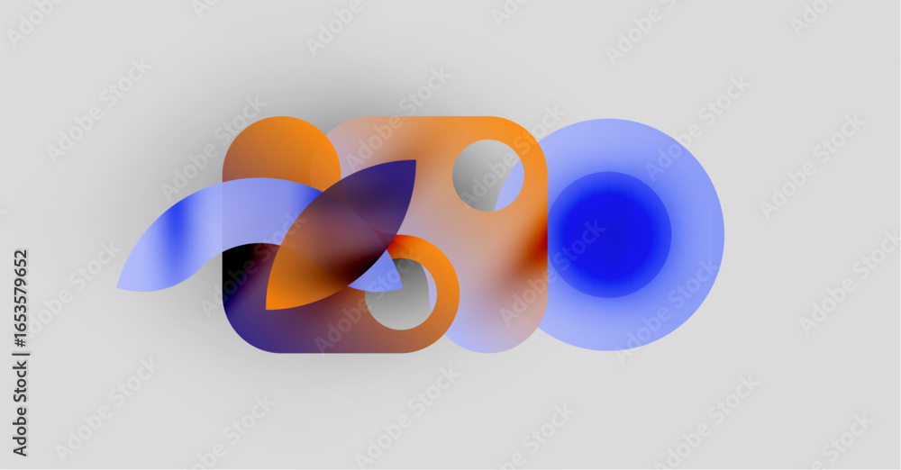 Poster abstract shapes overlap, creating vibrant color blends. soft gradients suggest depth, form modern de
