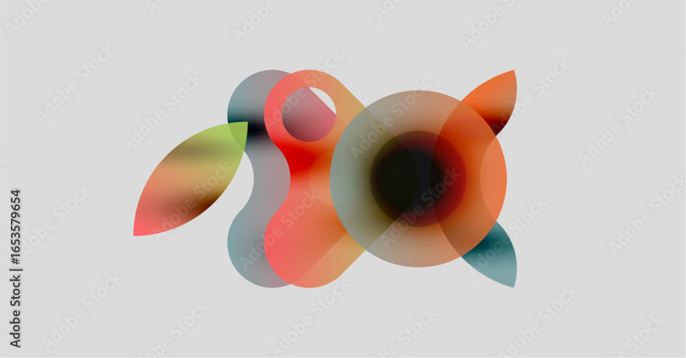 Poster abstract colorful shapes overlap, creating dynamic composition. soft gradients suggest movement, lig